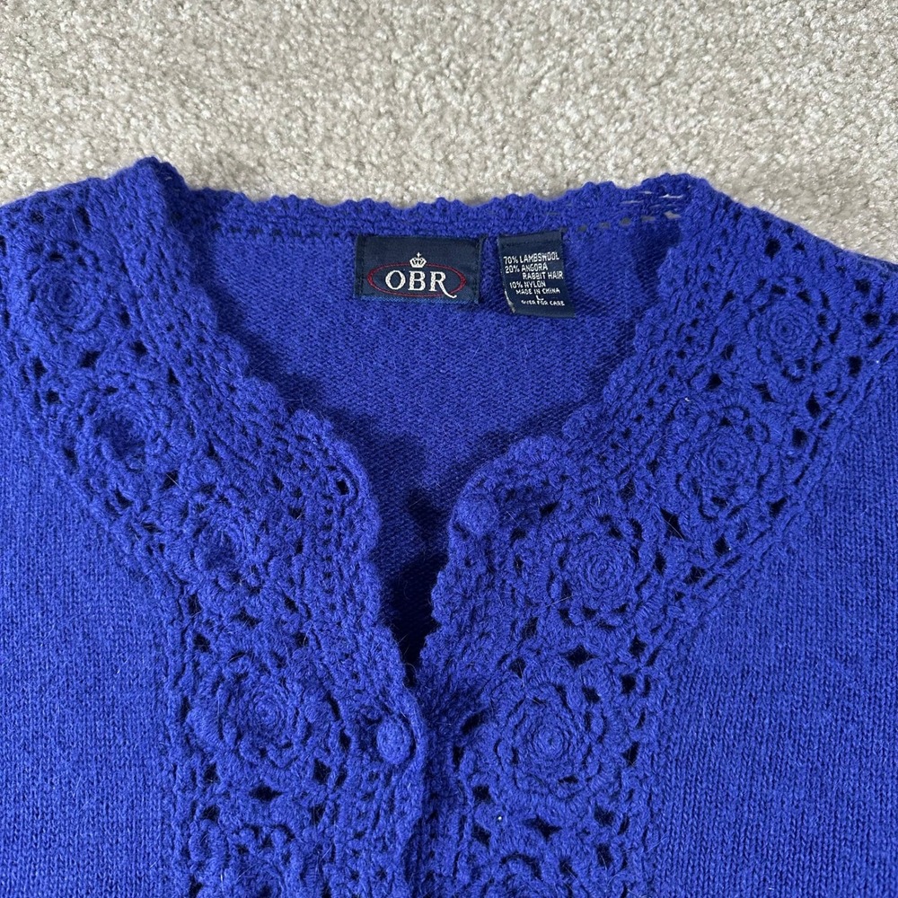 OBR Royal Blue Lambswool Angora Crochet Lace Trim Cardigan Sweater L Cottagecore - Picture 4 of 8